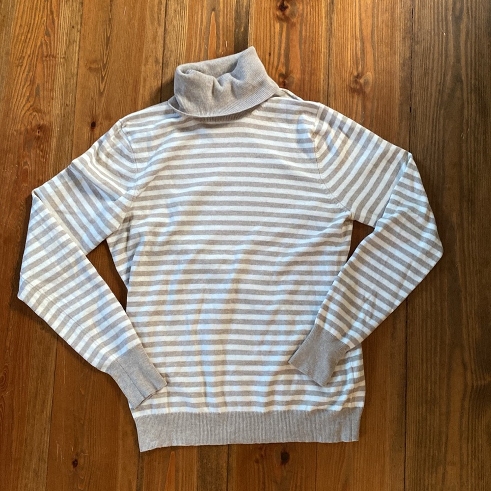 Silk/Cashmere/Wool Camel & Cream Striped Turtleneck Sweater